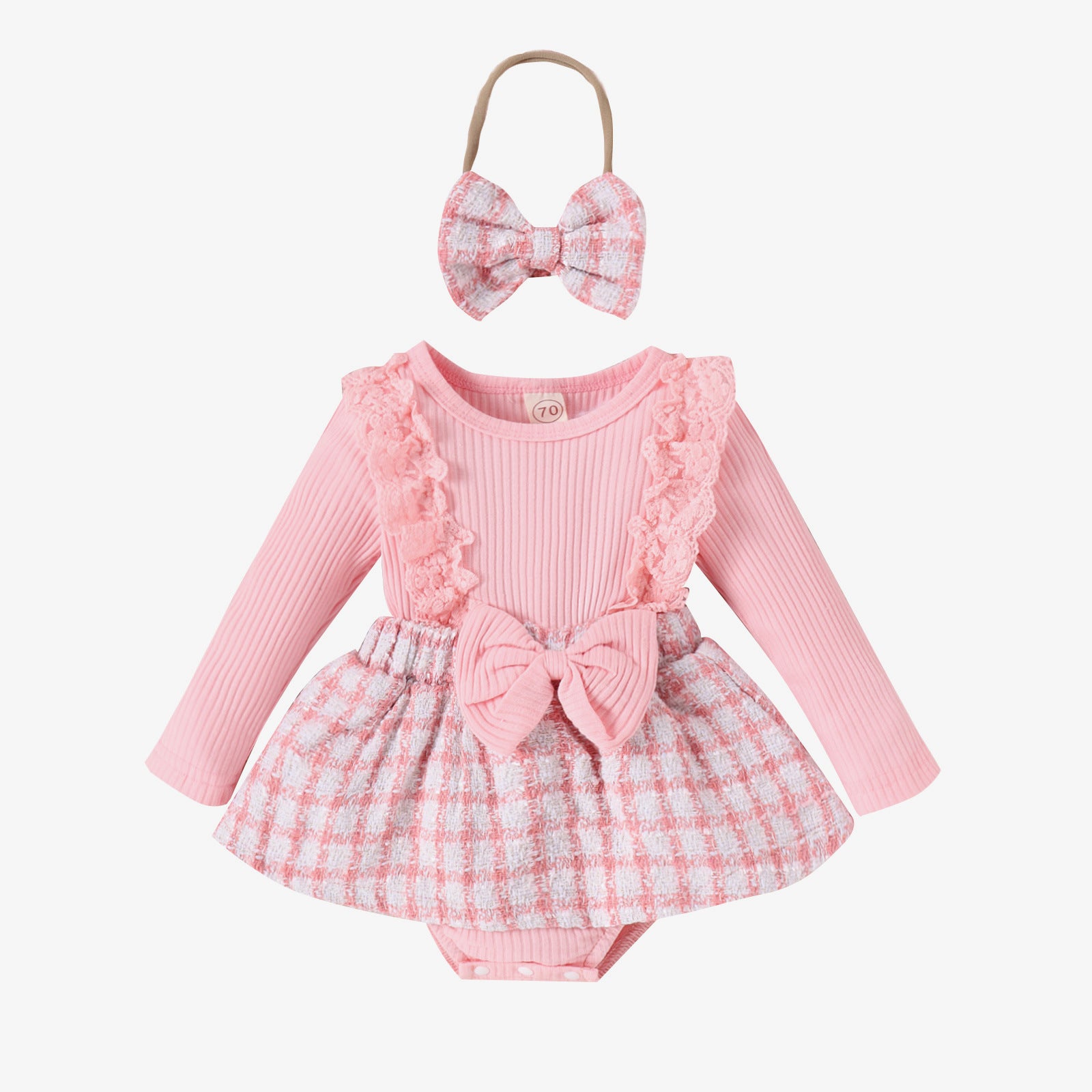 Children's Clothing Baby Girl Lace Long-sleeved Stitching Woven Style Plaid Skirt Bow Romper