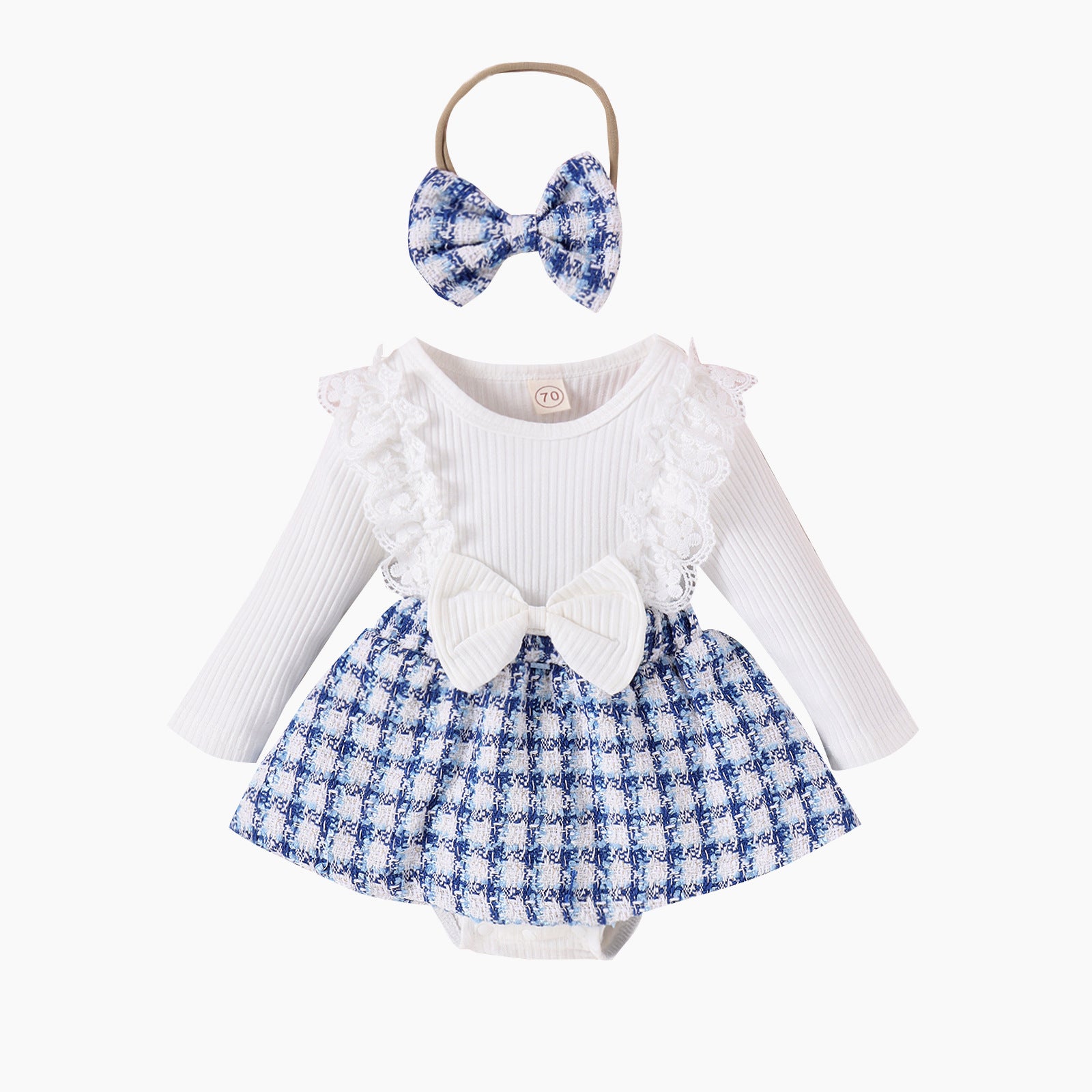 Children's Clothing Baby Girl Lace Long-sleeved Stitching Woven Style Plaid Skirt Bow Romper