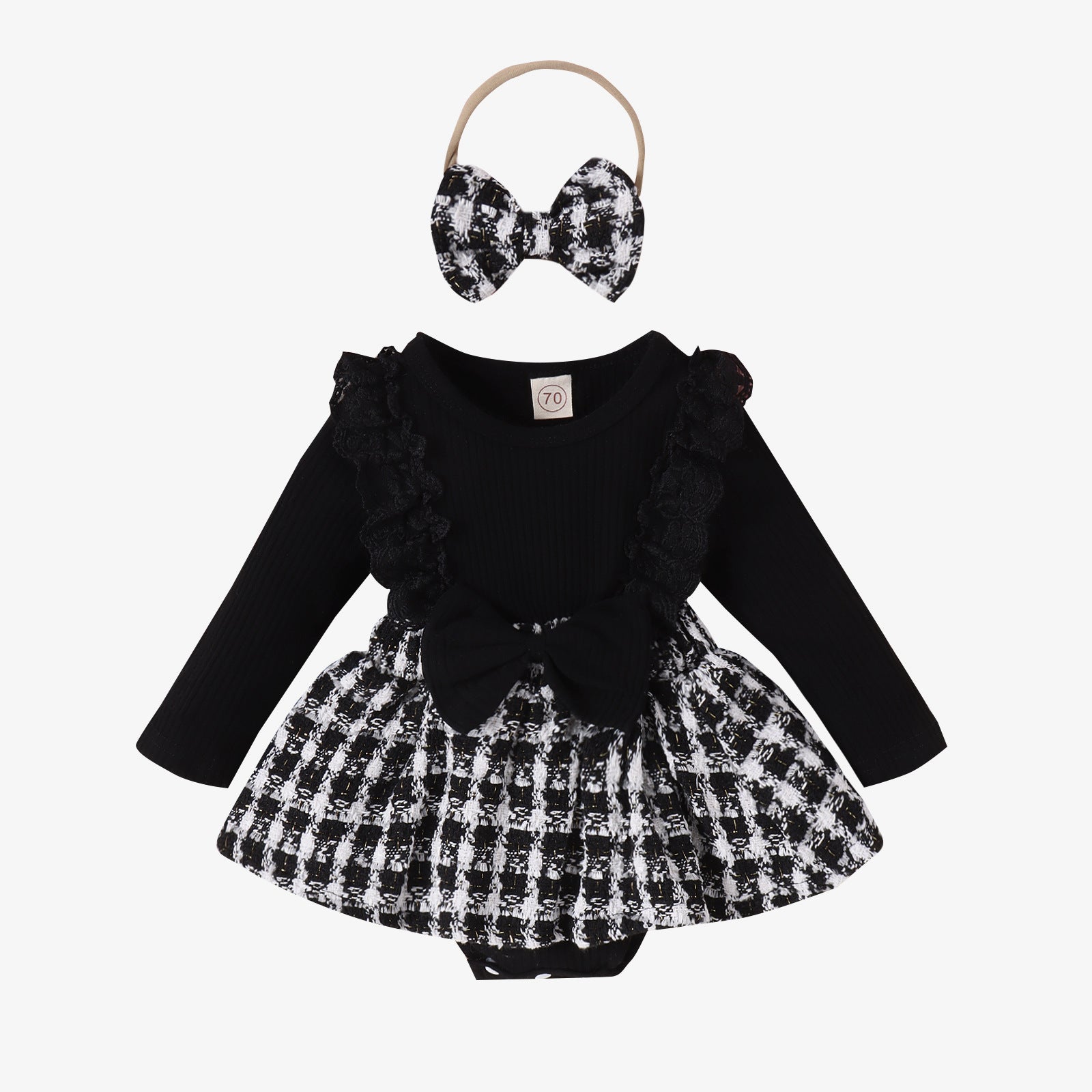 Children's Clothing Baby Girl Lace Long-sleeved Stitching Woven Style Plaid Skirt Bow Romper