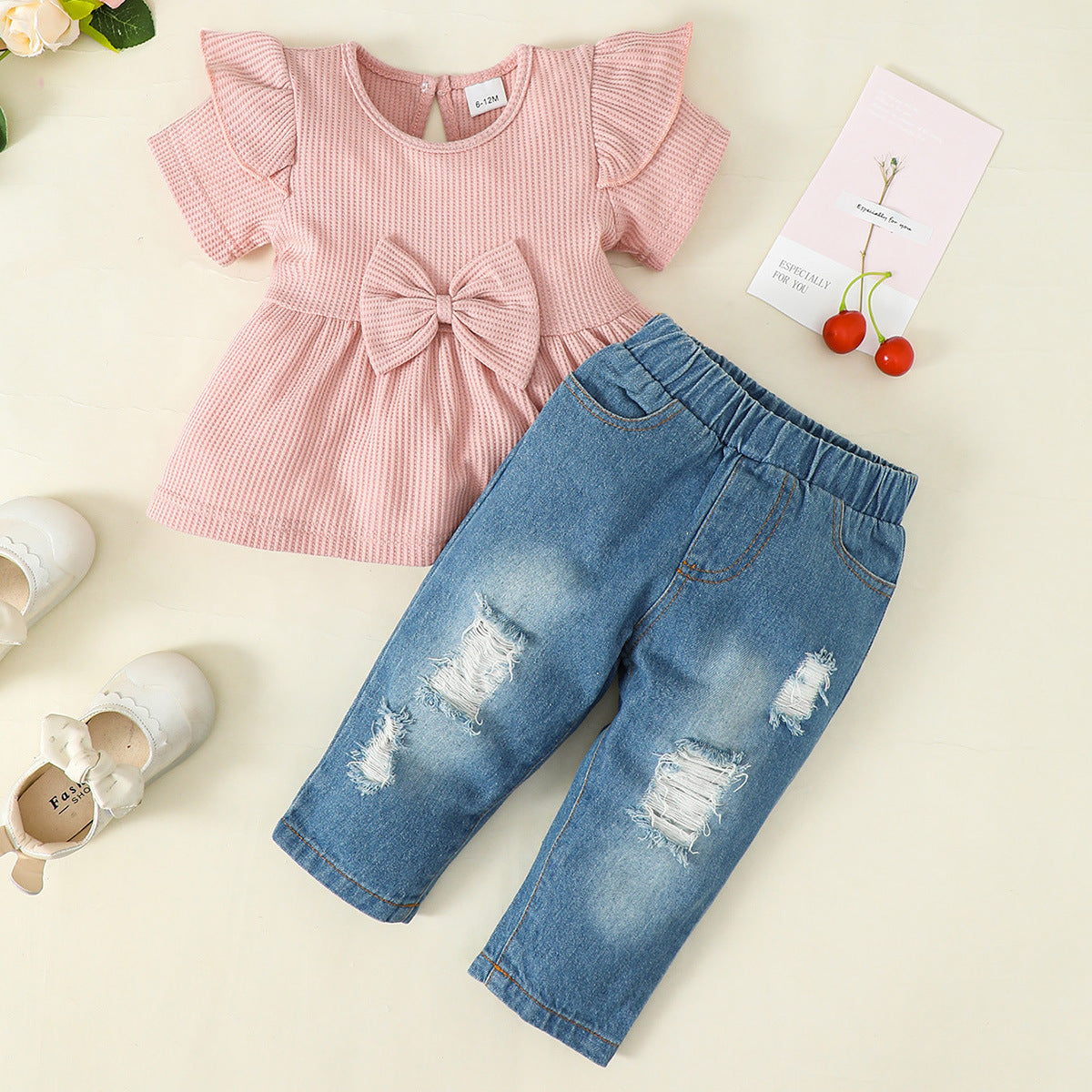 Girls' Solid Color Round Neck Short Sleeves Ruffled Denim Two-piece Suit