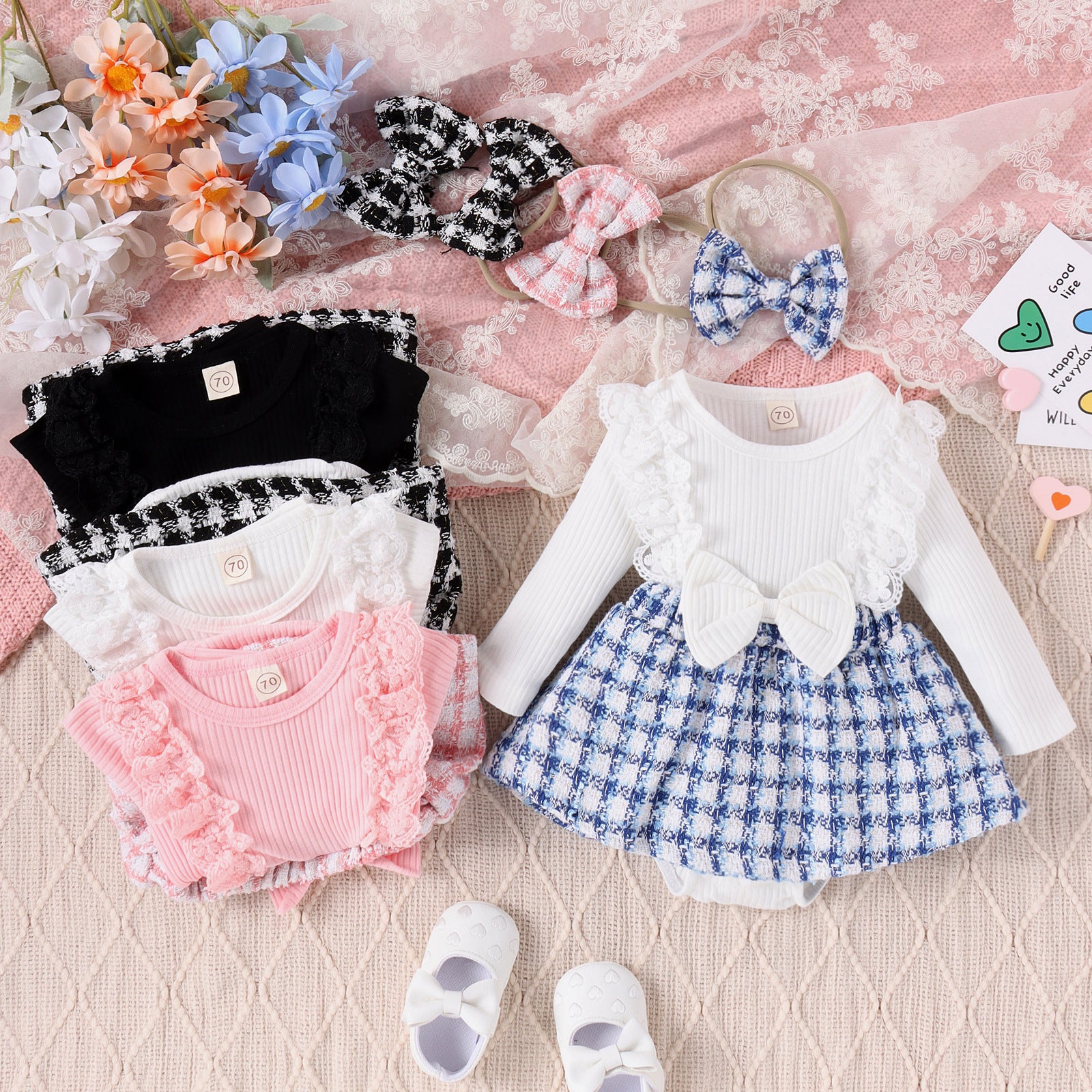 Children's Clothing Baby Girl Lace Long-sleeved Stitching Woven Style Plaid Skirt Bow Romper