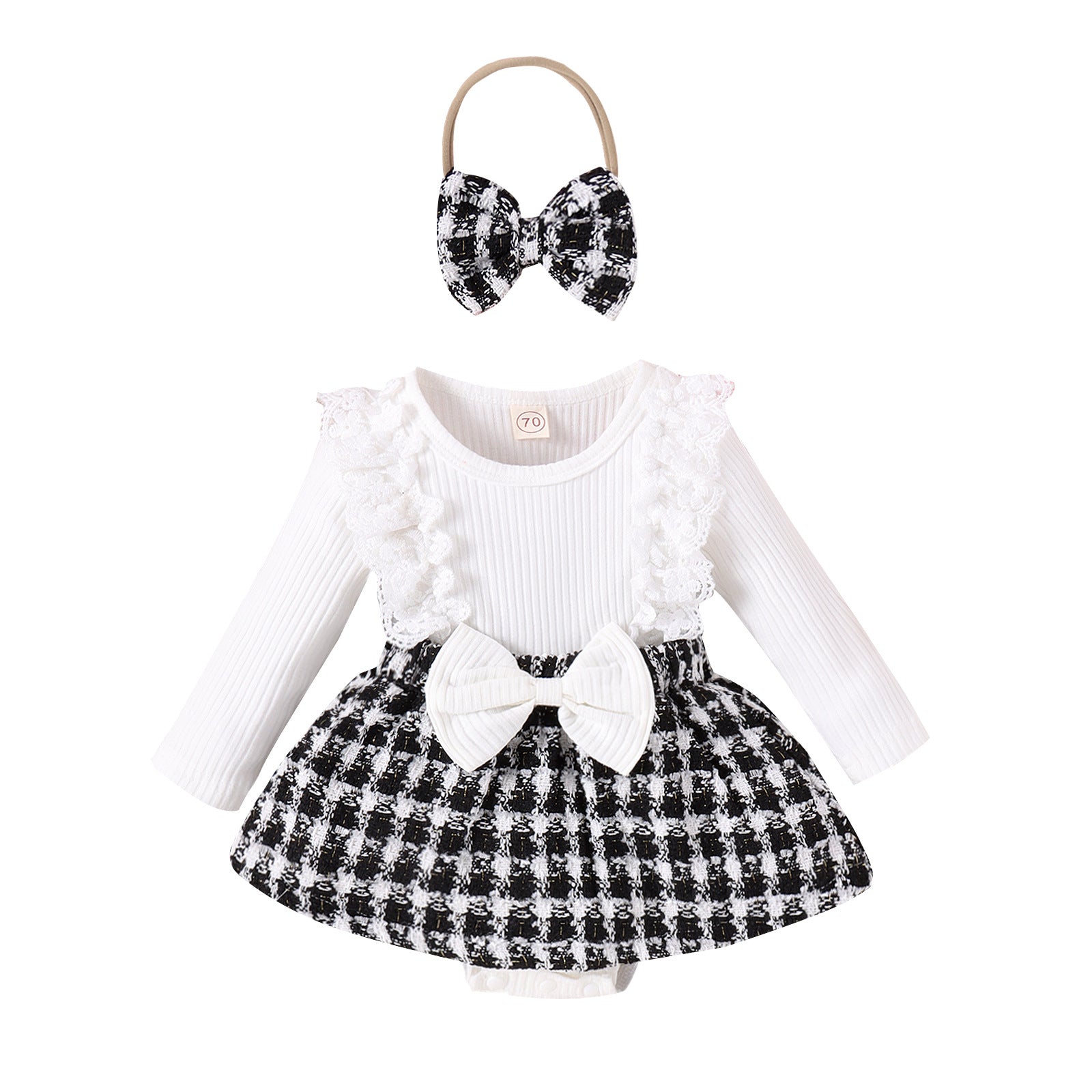 Children's Clothing Baby Girl Lace Long-sleeved Stitching Woven Style Plaid Skirt Bow Romper